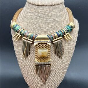 Vince Camuto Statement Fringe Collar Necklace Gold Tone Multicolor Tribal Boho
